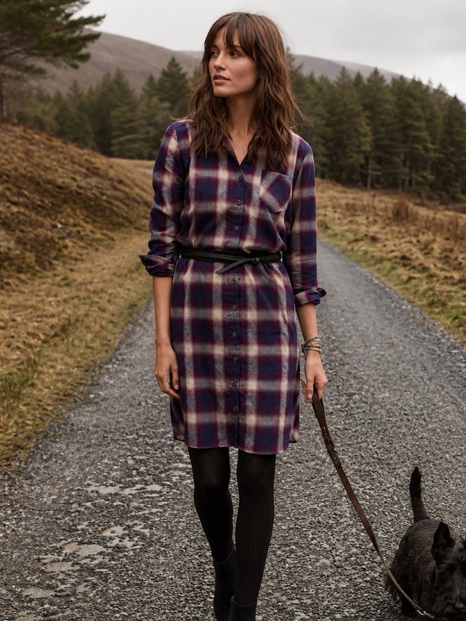 Garnet Hill Navy Blue & Purple Soft Pima Cotton Plaid Flannel Button Down Dress
